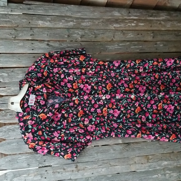Vintage Size 12 RAINBOW FLORAL BLACK BACKGROUND Rk Originals Midi Shirtdress - Picture 1 of 3
